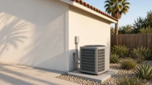New residential AC condenser on a concrete pad at a Los Angeles home for new AC refrigerant California 2026 R-454B installs.