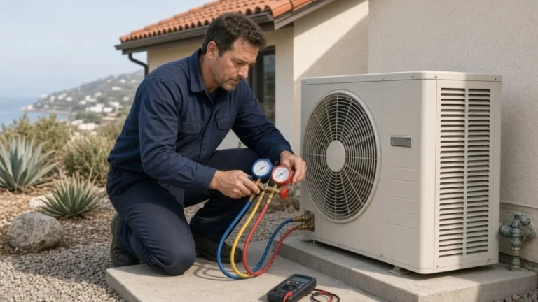 HVAC technician kneeling beside a coastal Ventura County AC condenser with manifold gauges and a meter, checking the system before any R-410A recharge in California.