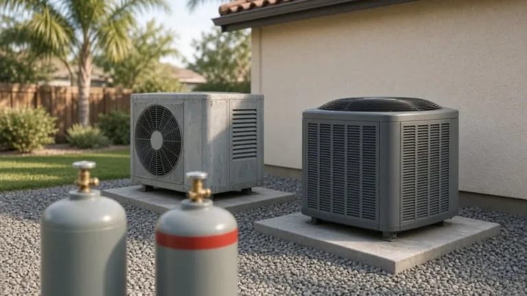 Side-by-side backyard condensers and refrigerant cylinders comparing R-454B vs R-410A California for new Los Angeles homes.