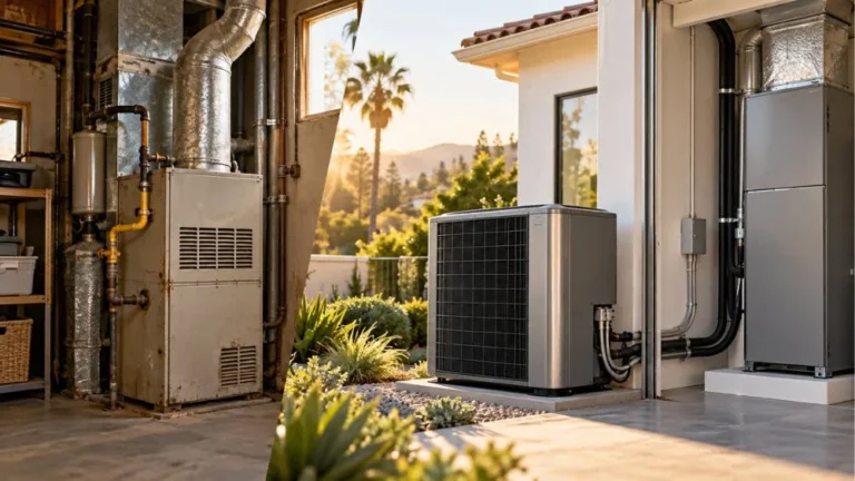 Side-by-side comparison of an existing gas furnace and a modern electric heat pump system during a gas furnace to heat pump conversion in Los Angeles.