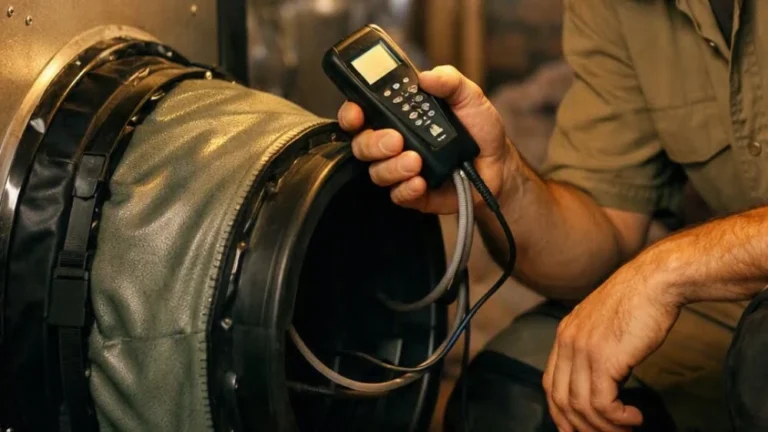 Energy rater holding a digital manometer during a duct leakage test on a newly installed HVAC system.