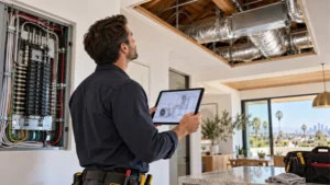 HVAC technician inspecting electrical panel, ductwork, and heat pump system requirements for a home conversion project in Los Angeles.