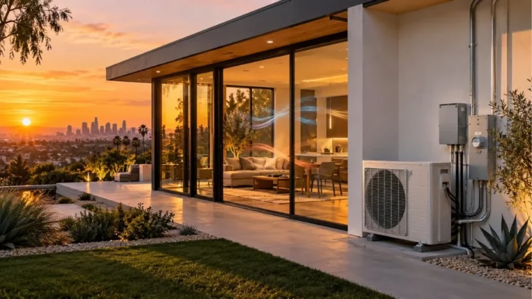 Modern Los Angeles home with an outdoor electric heat pump unit installed during HVAC electrification upgrade.