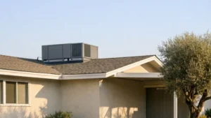 Rooftop packaged HVAC unit on a single-story Los Angeles home, a replacement that requires an LADBS mechanical permit.